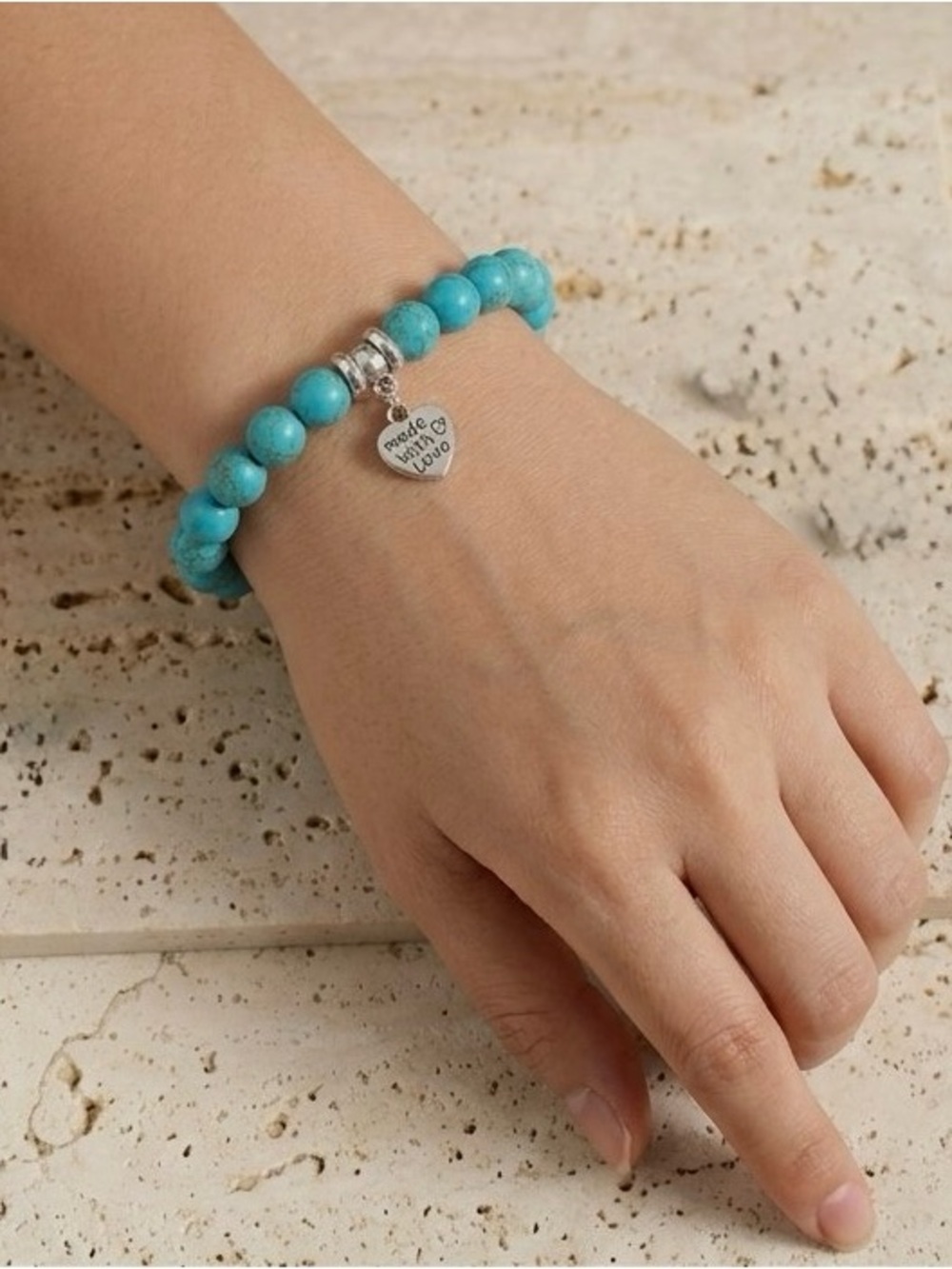Turquoise Beaded Charm Bracelet “Made with Love" Heart Charm Bracelet, NWT